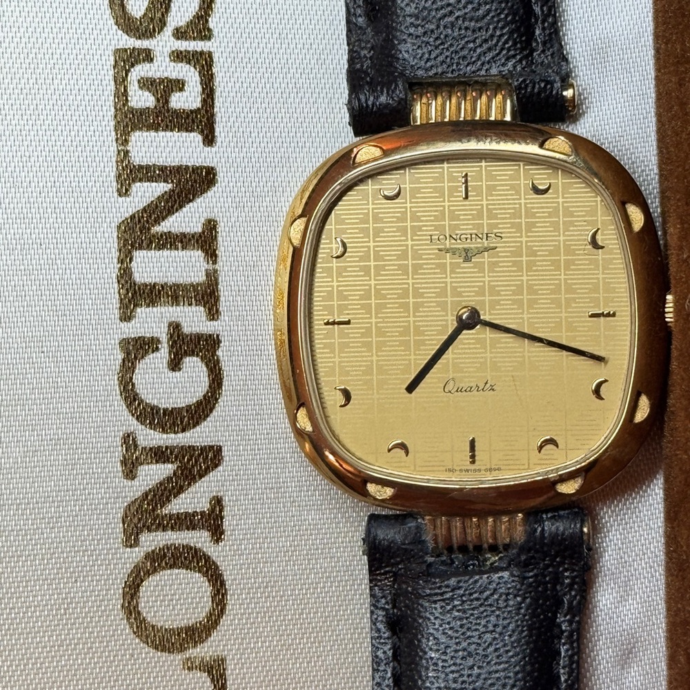 Longines Gold Dial with Black Strap Watch